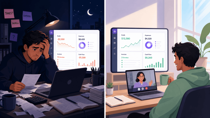 Illustration of a proactive accountant working with a small business owner on cash flow forecasting and tax planning.