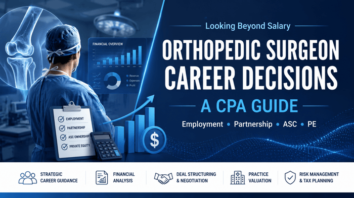 Orthopedic surgeon career decisions CPA guide showing employment, partnership, ASC ownership, and private equity planning.