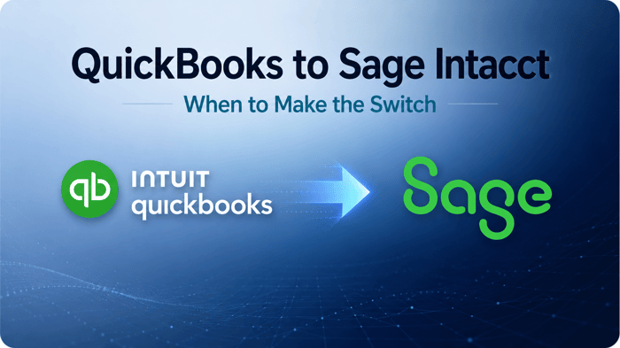 QuickBooks to Sage Intacct transition graphic showing the QuickBooks and Sage logos with an arrow between them, representing a move to a more advanced accounting system.