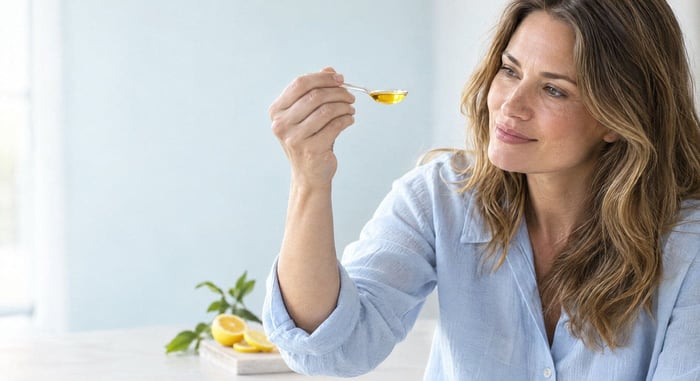 Destylacja molekularna Omega-3: kobieta ogląda łyżeczkę czystego, złocistego oleju rybiego