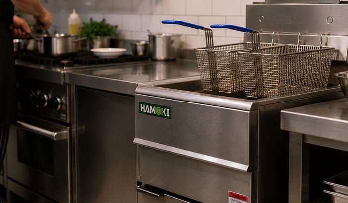 A close up shot of a deep fat fryer in a commercial kitchen