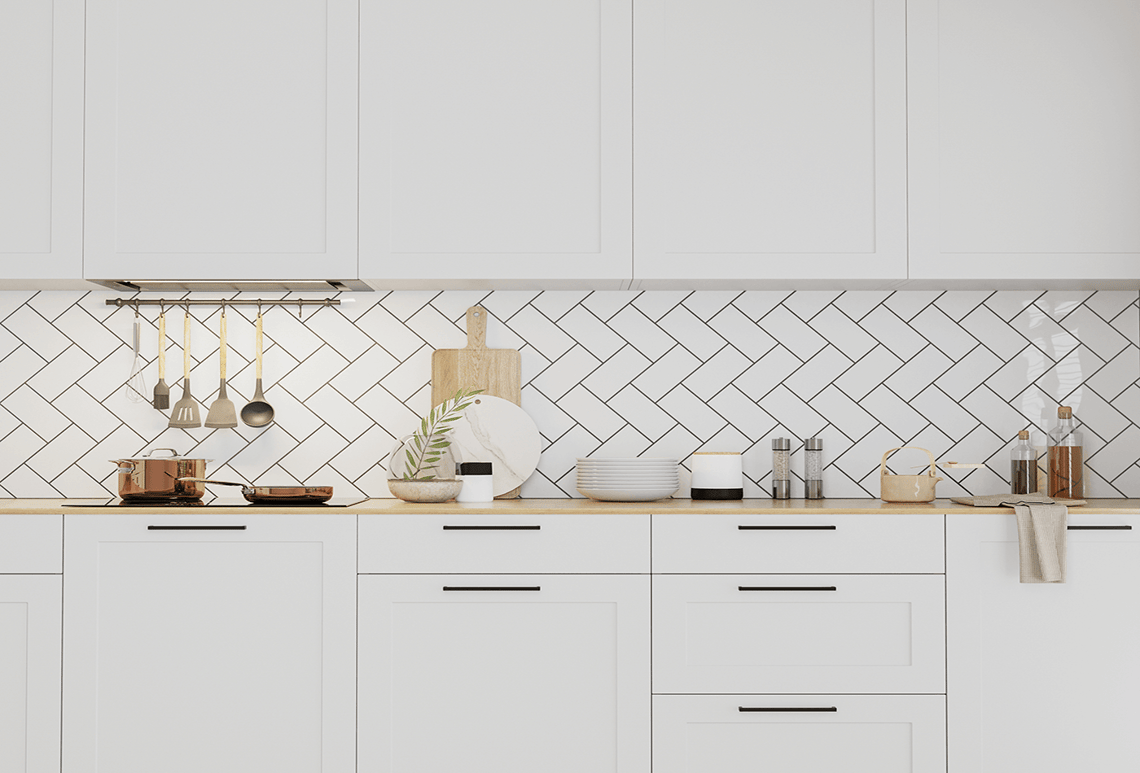 Herringbone Backsplash against Wooden Accents