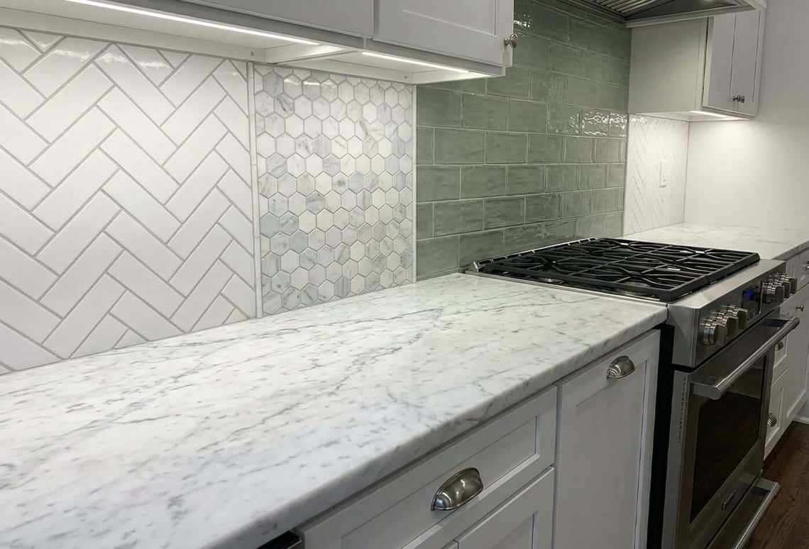 Matching Wall Tiles With Marble And Porcelain Worktops