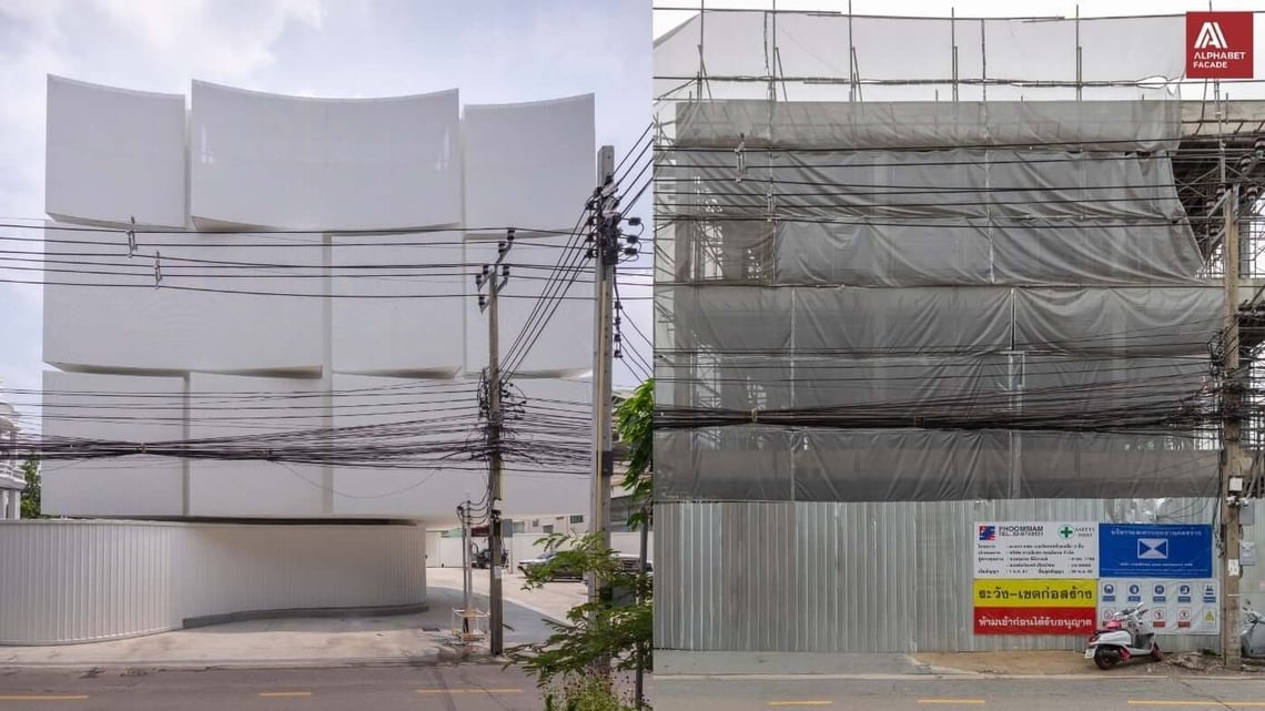ภาพเปรียบเทียบอาคารตอนที่กำลังก่อสร้าง กับตอนที่ติดตั้งฟาซาดเรียบร้อยแล้ว
