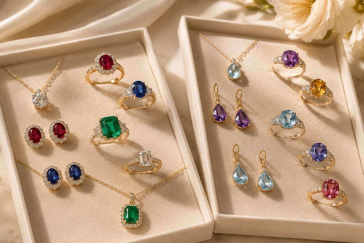Two elegant jewellery trays showing diamond, ruby, sapphire and emerald pieces beside aquamarine, amethyst, citrine, blue topaz, tanzanite and tourmaline jewellery