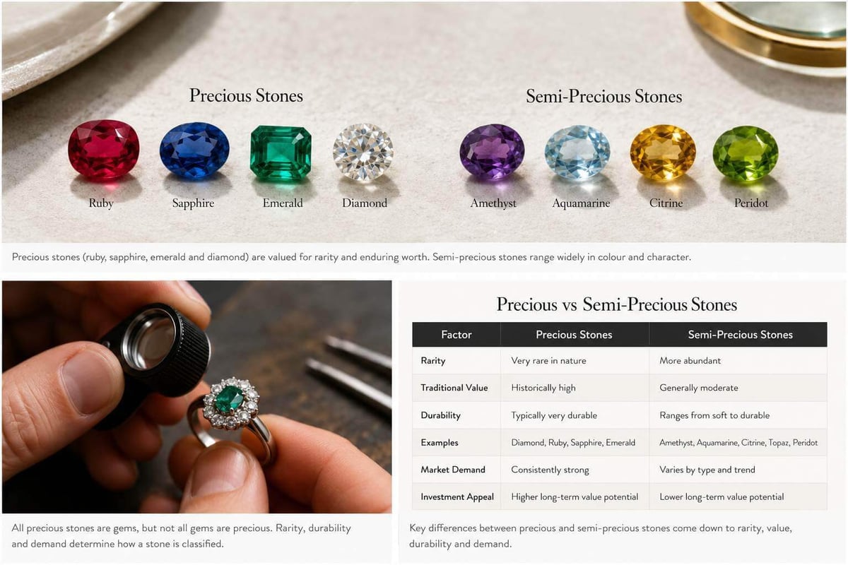 Editorial gemstone explainer showing precious and semi-precious stones with a visual guide to rarity, durability and jewellery use