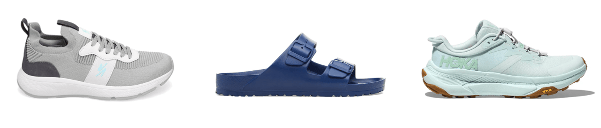 A pair of RIVAL Reign shoes, Navy Birkenstock Arizona EVA, HOKA Transport