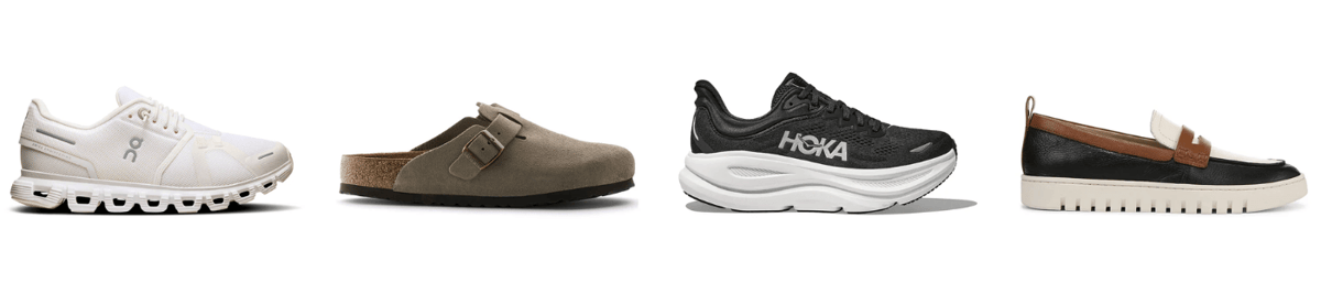 A pair of On Cloud 6 in white, Birkenstock Boston in Taupe, HOKA Bondi 9 in Black/White and Vionic Uptown in Multi.