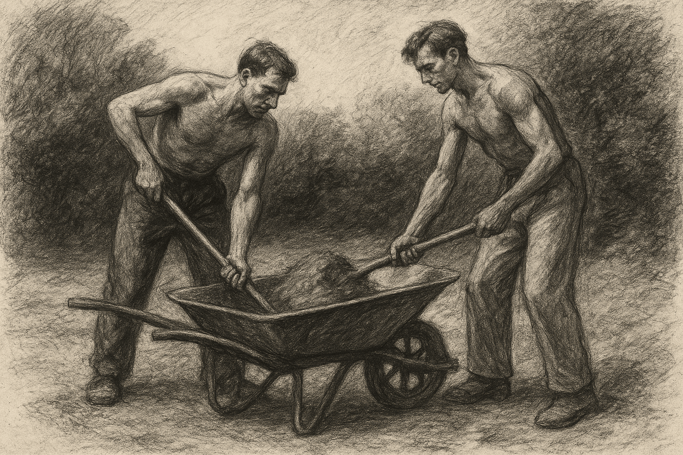 male friends shoveling dirt out of wheelbarrow
