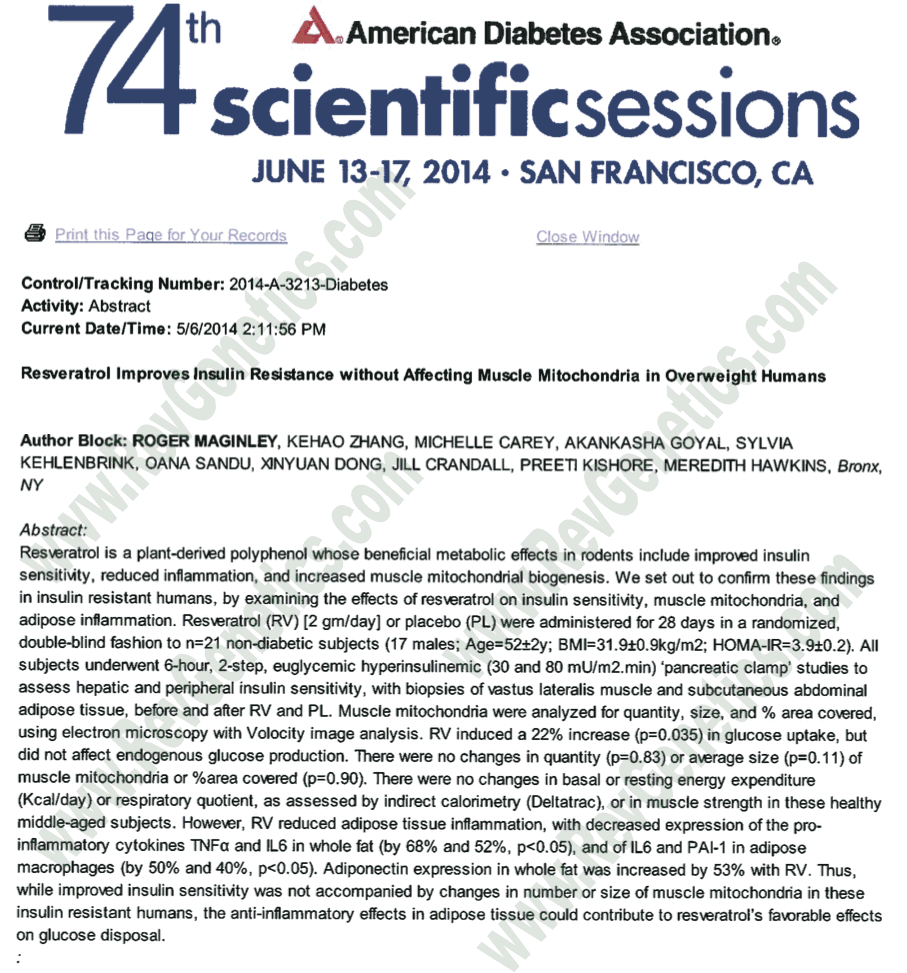 Albert Einstein College of Medicine clinical study abstract showing resveratrol's effects on fat-burning hormones and inflammation