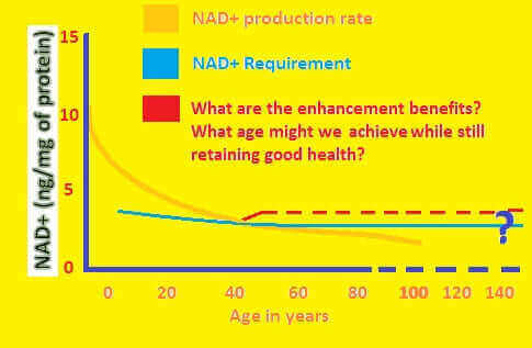 NMN supplement reverse aging NAD+ requirement chart showing age-related decline