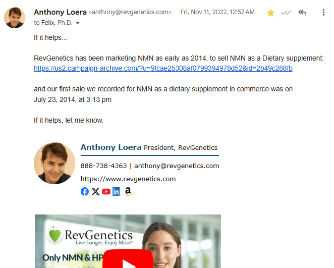 RevGenetics provides NMN proof of marketing in 2014