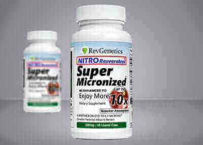 Resveratrol supplement bottle showing Nitro Resveratrol super micronized formula for maximum telomerase activation