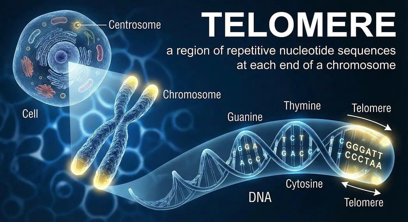 Telomere structure showing protective caps on chromosomes essential for cellular aging