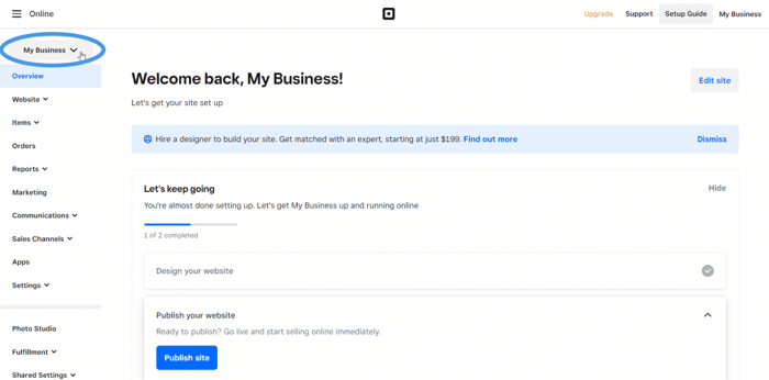 Square dashboard choose a website