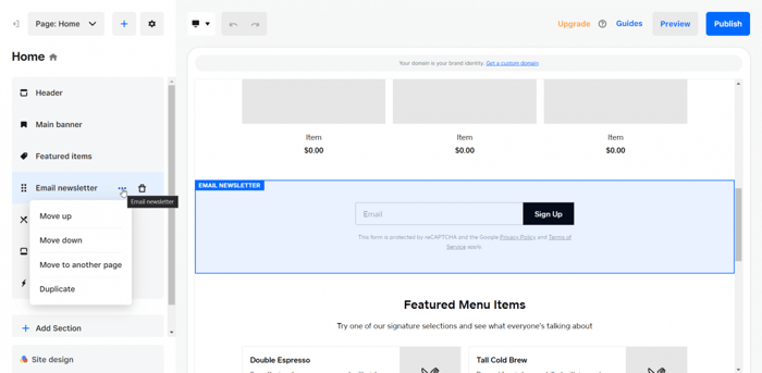 Square Online builder section move duplicate