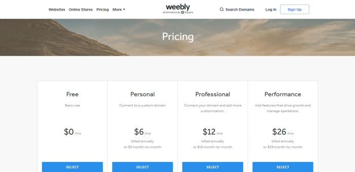 Weebly pricing plans