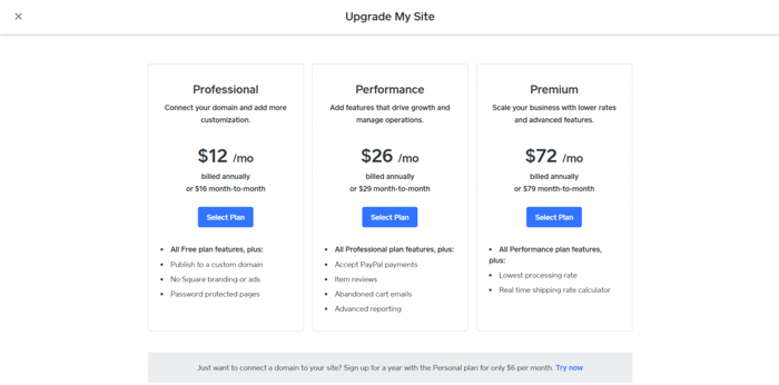 Weebly Square upgrade plans