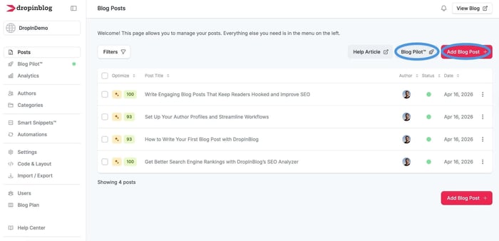 Starting a new blog post from within your DropInBlog account
