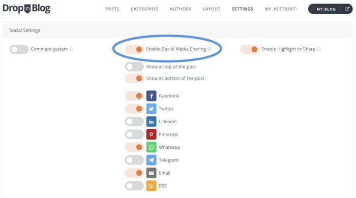 Add sharing buttons DropInBlog