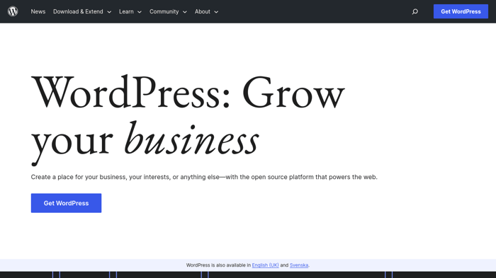 Blog platforms for ecommerce stores: WordPress homepage