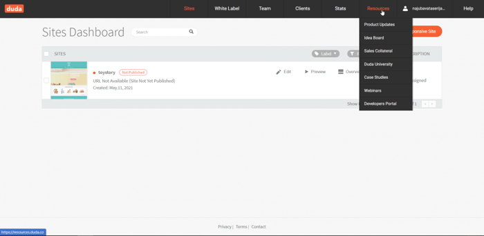 Duda vs WordPress: Duda dashboard
