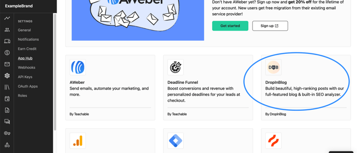 Find DropinBlog app in Teachable App Hub
