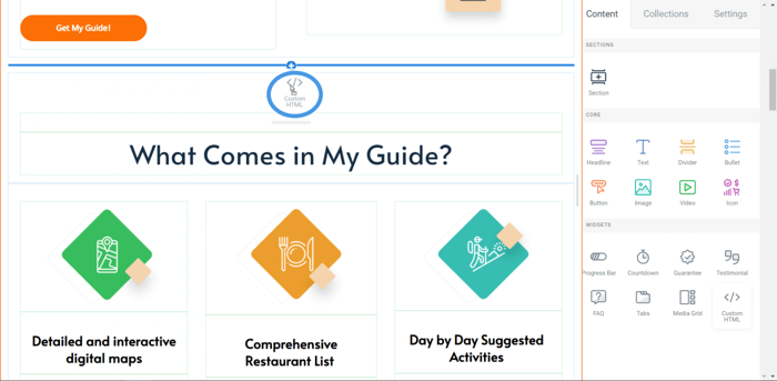 SamCart drag and drop custom HTML