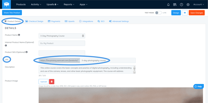 Samcart product details page URL