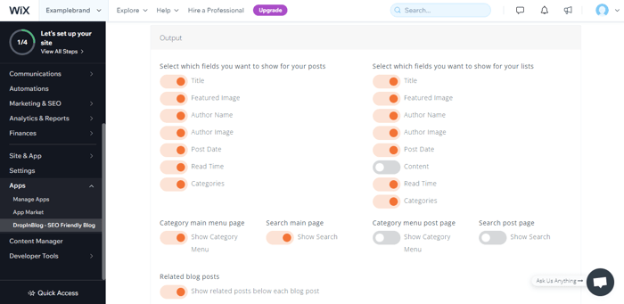 Wix DropInBlog Settings Page