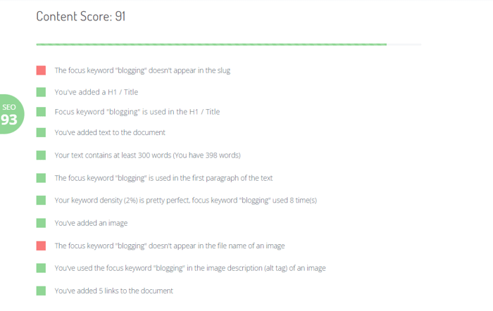 Wix DropInBlog SEO Analyzer Content Score