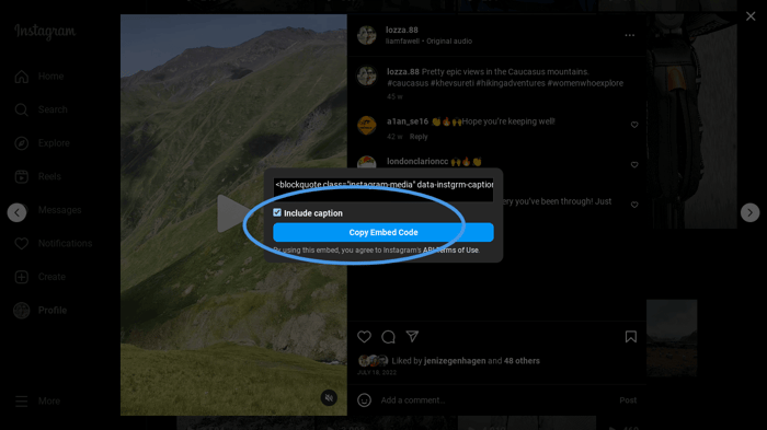 Instagram reel embed code: copy code with or without captions