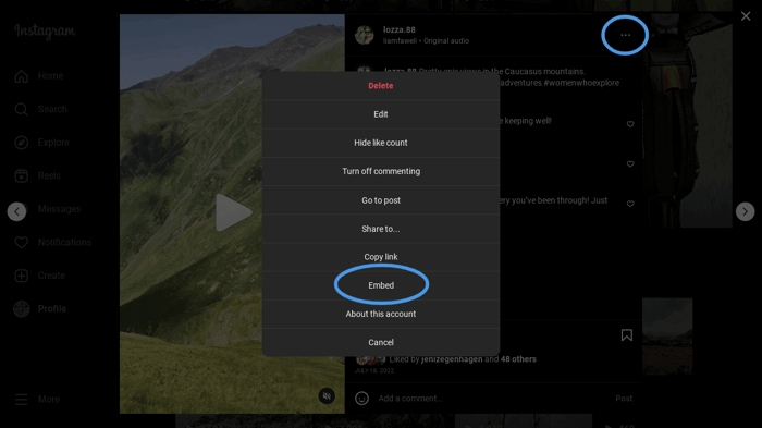 Embed Instagram videos in Shopify: Copy embed code from an Instagram reel
