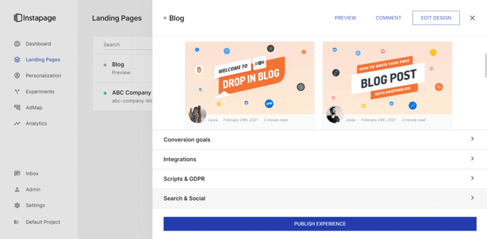 Publish experience Instapage
