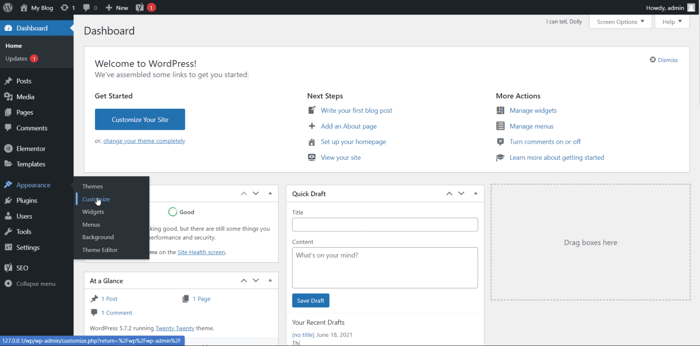 WordPress dashboard