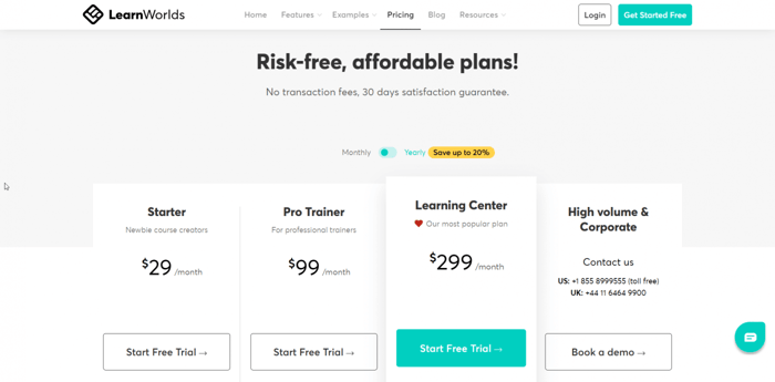 LearnWorlds vs Thinkific: Learnworlds pricing plans