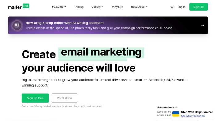 Mailerlite review: homepage