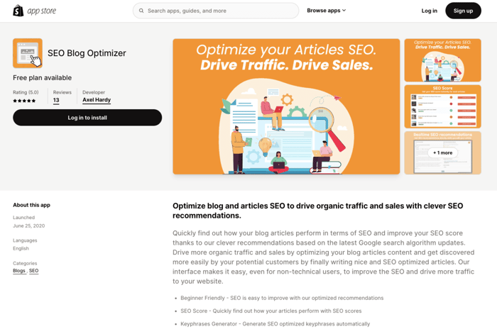SEO Blog Optimizer Shopify Page