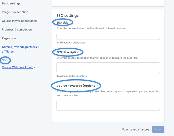 SEO settings in Thinkific