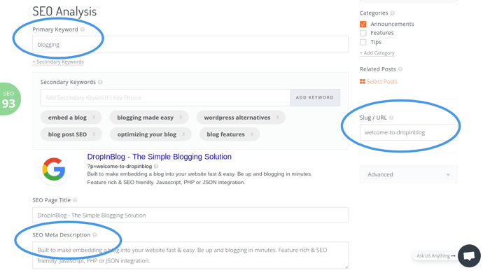 SEO for bloggers: DropInBlog SEO features