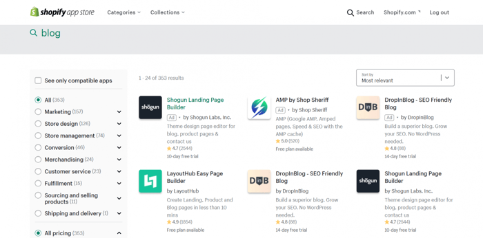 Shopify DropInBlog app store integrations