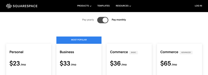 Shopify vs Squarespace: Squarespace pricing
