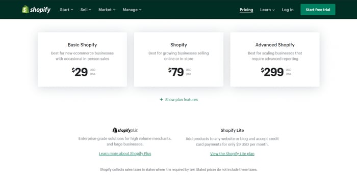 Shopify vs Squarespace: Shopify pricing plans