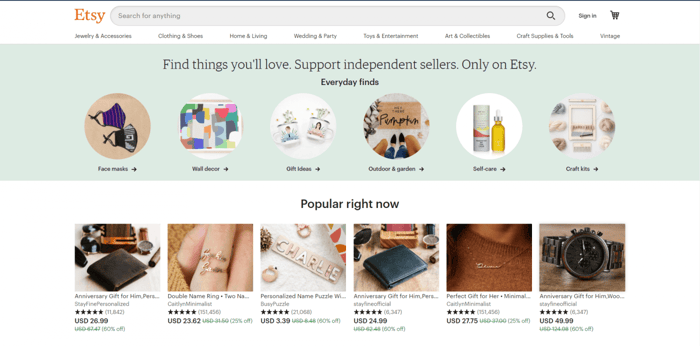 Etsy home page