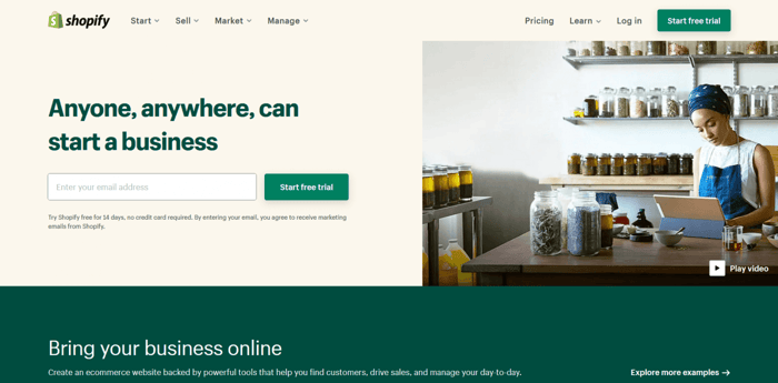 Shopify vs. Etsy, Shopify home page