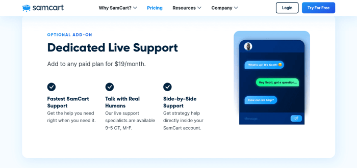 SamCart live chat add on