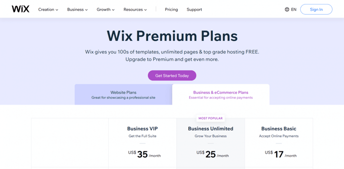 Shopify vs Wix: Wix pricing plans