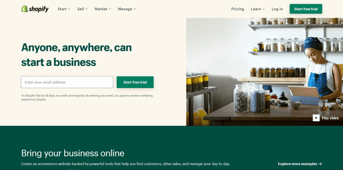 Shopify home page