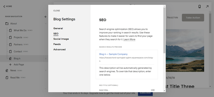 Squarespace SEO blog settings