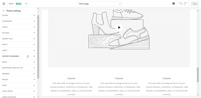 Shopify store builder editor theme settings